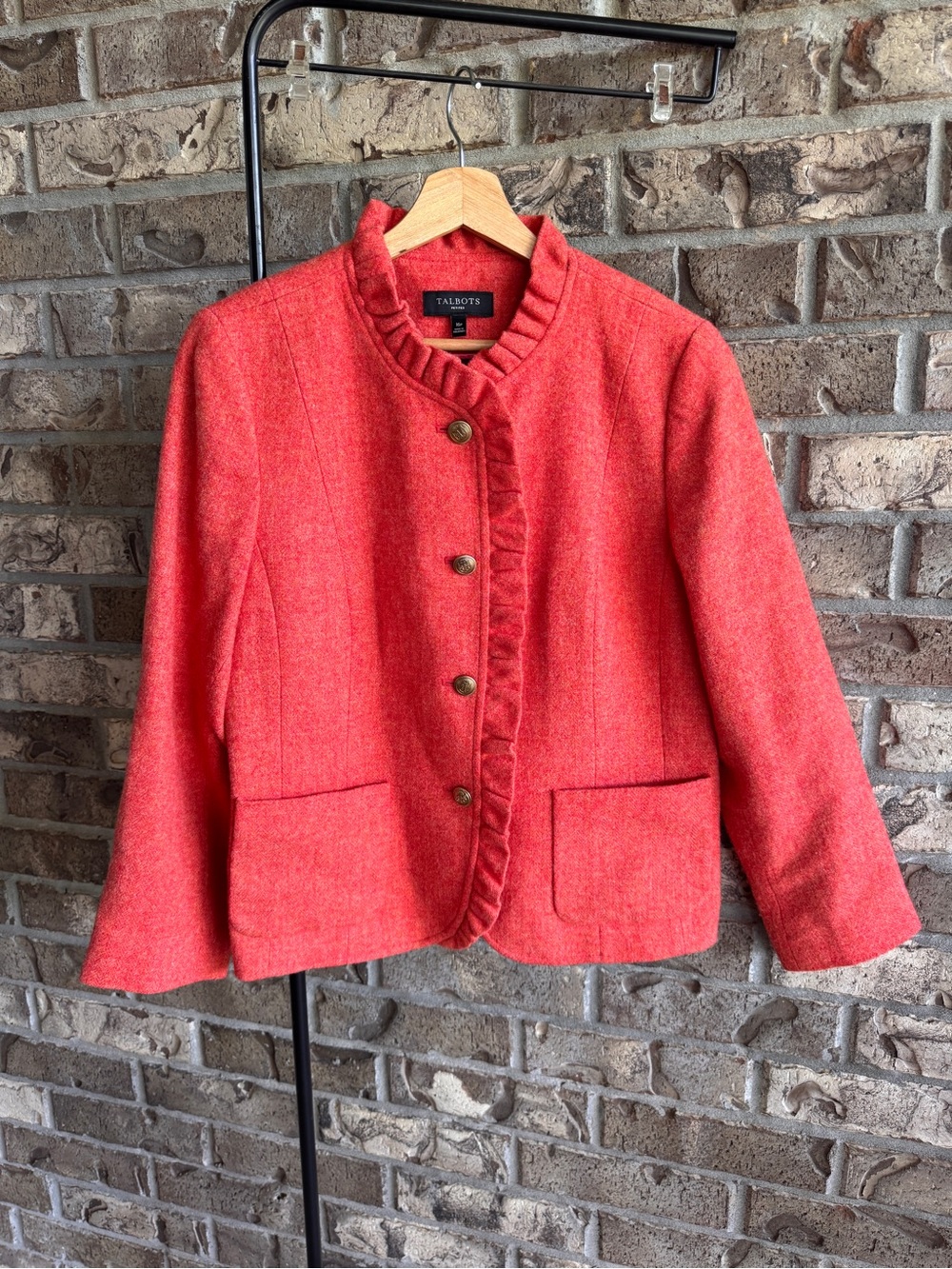 Talbots Petites 16P Wool Blend Ruffle Trim Jacket Coral Pink Button Front Lined - Picture 2 of 15
